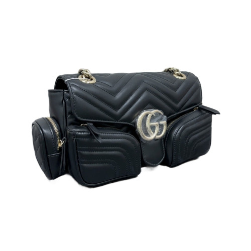 Gucci Chevron Marmont Shoulder Bag Calfskin Black Gucci Chevron Marmont Shoulder Bag Calfskin Black