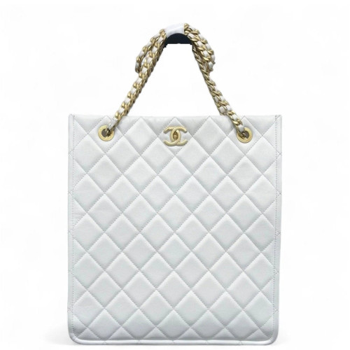 Chanel Quilted Shopping Tote Grained Calfskin White