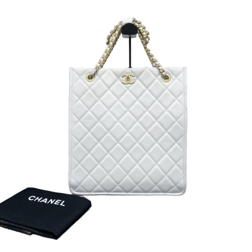 Chanel Quilted Shopping Tote Grained Calfskin White