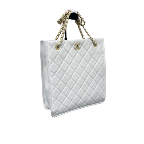 Chanel Quilted Shopping Tote Grained Calfskin White