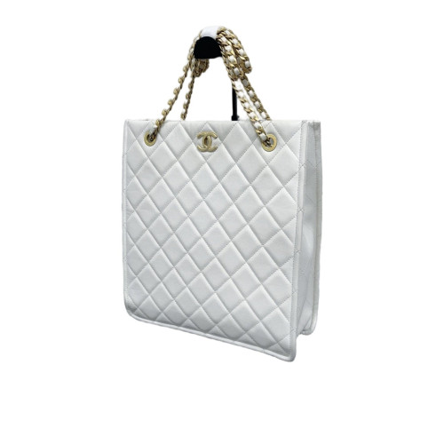 Chanel Quilted Shopping Tote Grained Calfskin White