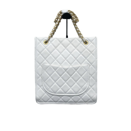 Chanel Quilted Shopping Tote Grained Calfskin White