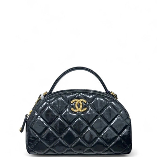 Chanel Quilted Bowling Bag Glazed Calfskin Black