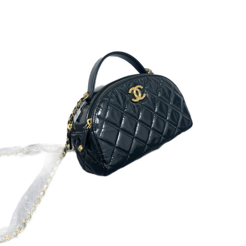 Chanel Quilted Bowling Bag Glazed Calfskin Black