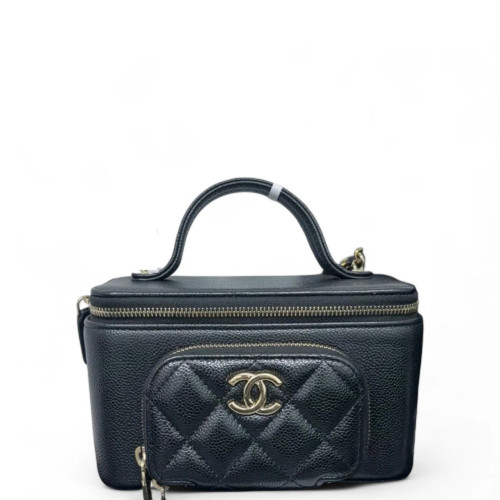 Chanel Quilted Front Pocket Top Handle Vanity Case Grained Calfskin Black