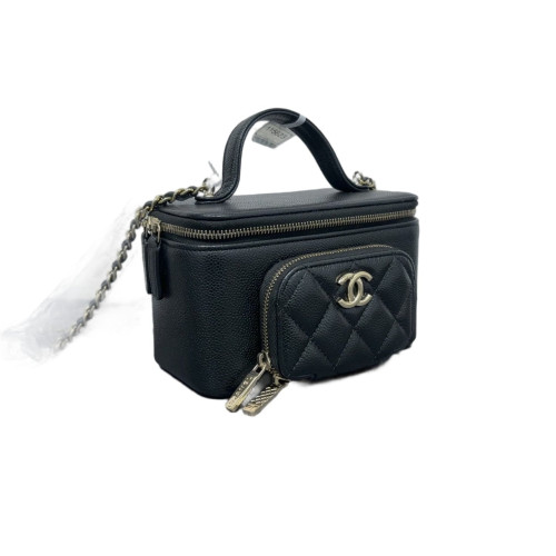 Chanel Quilted Front Pocket Top Handle Vanity Case Grained Calfskin Black