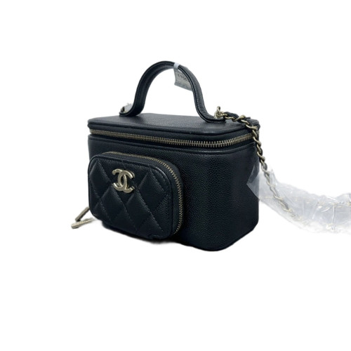 Chanel Quilted Front Pocket Top Handle Vanity Case Grained Calfskin Black
