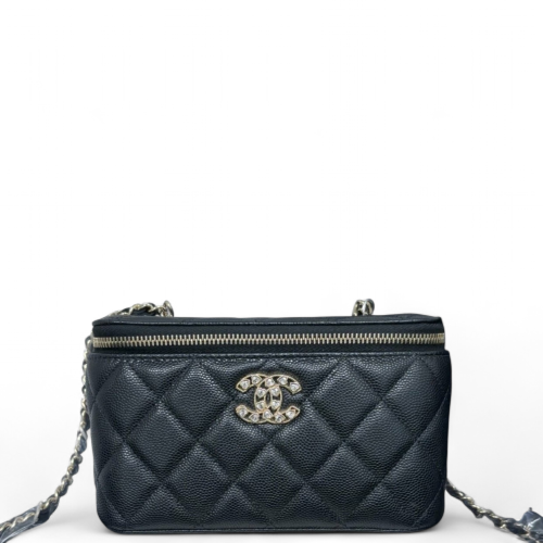 Chanel Quilted Crystal Vanity Case Grained Calfskin Black