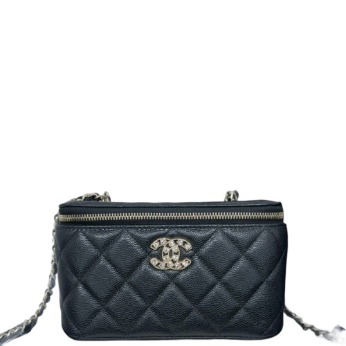 Chanel Quilted Crystal Vanity Case Grained Calfskin Black