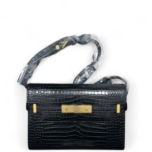 Yves Saint Laurent Small Manhattan Shoulder Bag Calfskin Crocodile Embossed Black