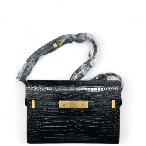 Yves Saint Laurent Small Manhattan Shoulder Bag Calfskin Crocodile Embossed Black