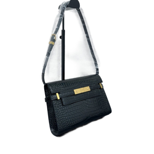 Yves Saint Laurent Small Manhattan Shoulder Bag Calfskin Crocodile Embossed Black
