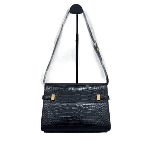 Yves Saint Laurent Small Manhattan Shoulder Bag Calfskin Crocodile Embossed Black