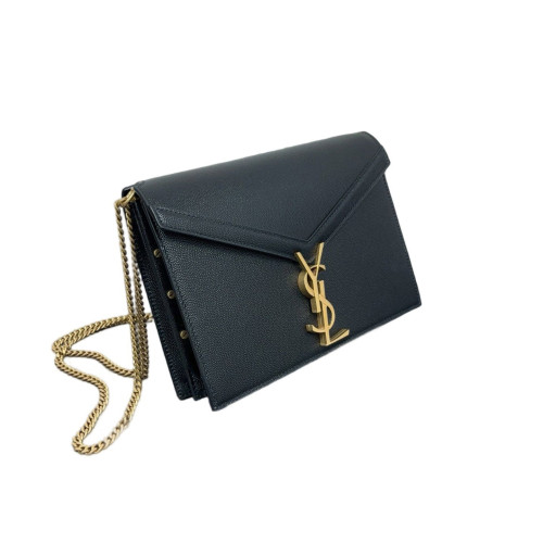 Yves Saint Laurent Cassandra Chain Wallet Grained Calfskin Black