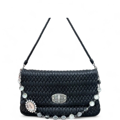 Miu Miu Crystal Matelasse Crystal Flap Clutch Crumpled Lambskin Black