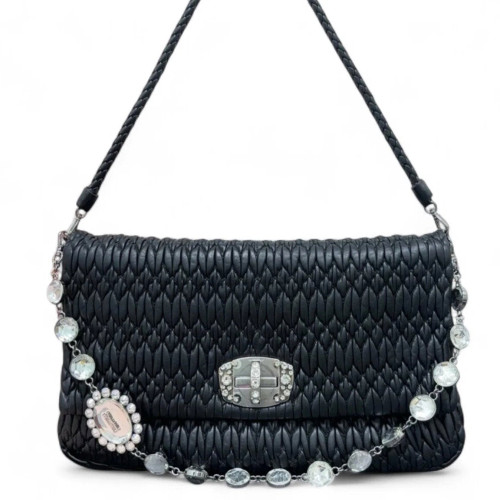 Miu Miu Crystal Matelasse Crystal Flap Clutch Crumpled Lambskin Black
