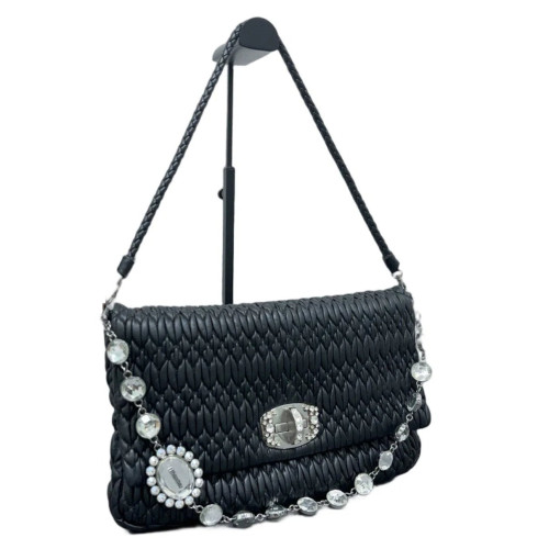 Miu Miu Crystal Matelasse Crystal Flap Clutch Crumpled Lambskin Black