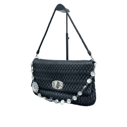 Miu Miu Crystal Matelasse Crystal Flap Clutch Crumpled Lambskin Black