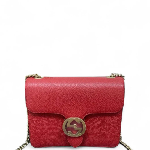 Gucci Small Interlocking G Shoulder Bag Grained Calfskin Red