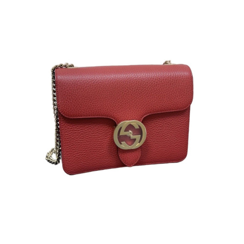 Gucci Small Interlocking G Shoulder Bag Grained Calfskin Red