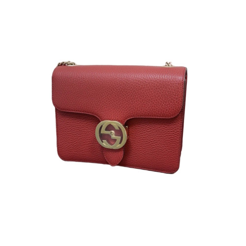 Gucci Small Interlocking G Shoulder Bag Grained Calfskin Red