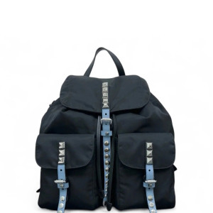 Prada Studded Backpack Nylon Vela Black Blue