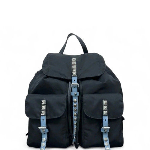 Prada Studded Backpack Nylon Vela Black Blue