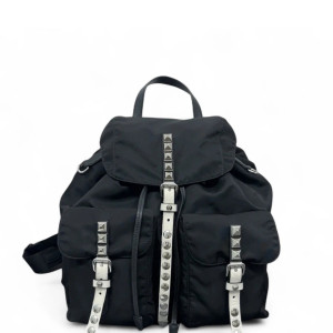 Prada Studded Backpack Nylon Vela Black White