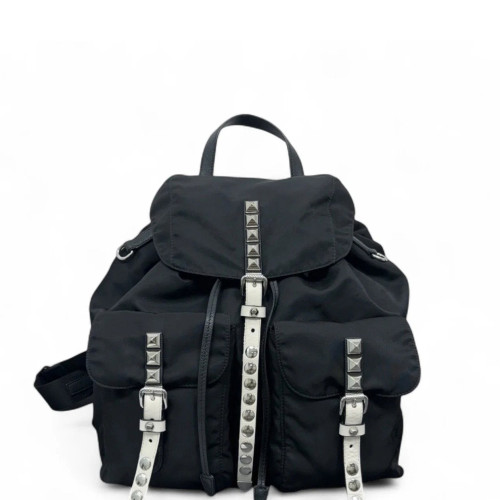 Prada Studded Backpack Nylon Vela Black White
