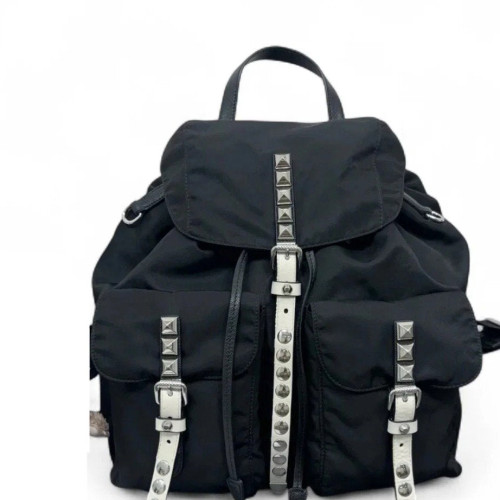 Prada Studded Backpack Nylon Vela Black White