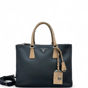Prada Medium Galleria Double Zip Tote Calfskin Calfskin Crocodile Embossed Black Beige