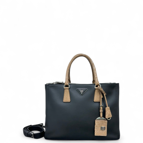 Prada Medium Galleria Double Zip Tote Calfskin Calfskin Crocodile Embossed Black Beige