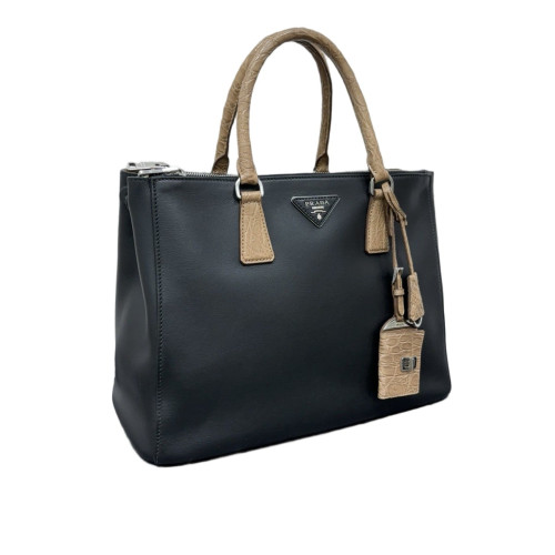 Prada Medium Galleria Double Zip Tote Calfskin Calfskin Crocodile Embossed Black Beige