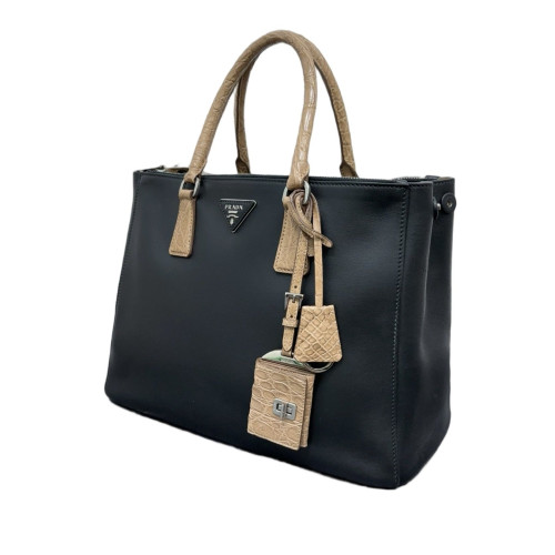 Prada Medium Galleria Double Zip Tote Calfskin Calfskin Crocodile Embossed Black Beige