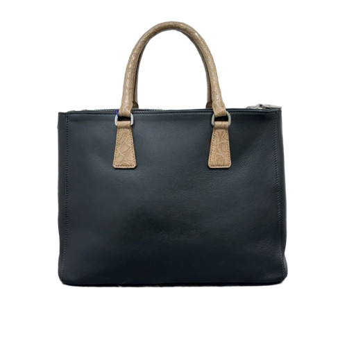 Prada Medium Galleria Double Zip Tote Calfskin Calfskin Crocodile Embossed Black Beige
