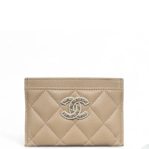 Chanel Quilted Crystal Card Holder Heritage Grained Calfskin Beige