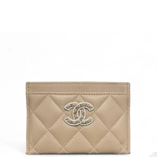 Chanel Quilted Crystal Card Holder Heritage Grained Calfskin Beige