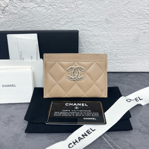 Chanel Quilted Crystal Card Holder Heritage Grained Calfskin Beige