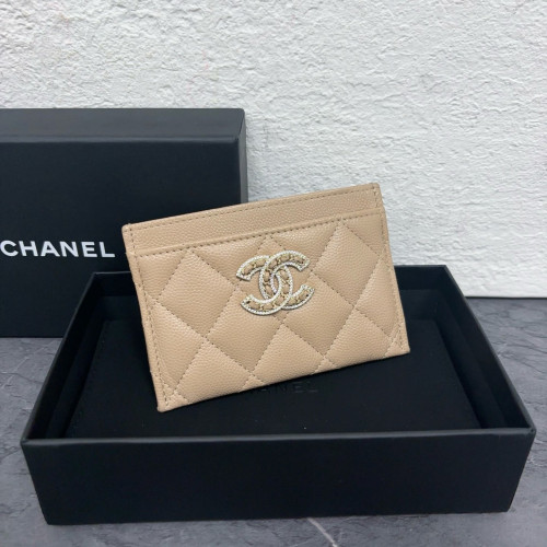 Chanel Quilted Crystal Card Holder Heritage Grained Calfskin Beige