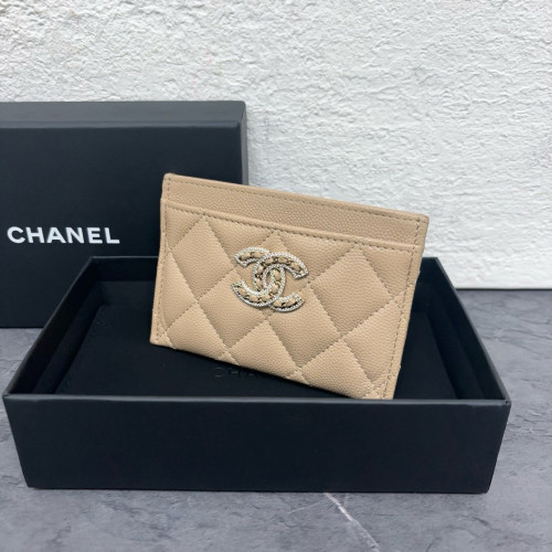 Chanel Quilted Crystal Card Holder Heritage Grained Calfskin Beige