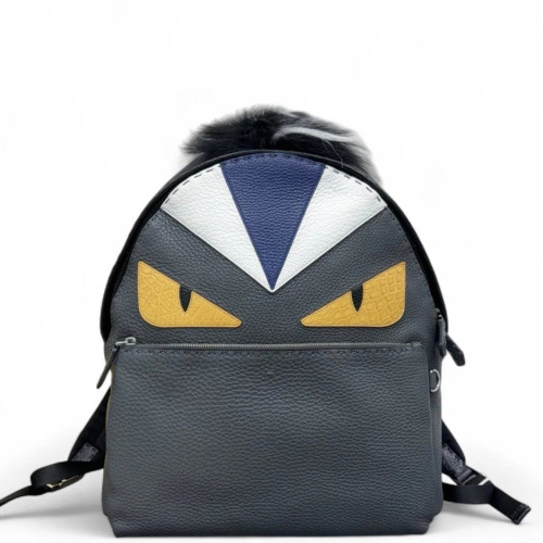 Fendi Monster Eyes Medium Backpack Grained Calfskin Calfskin Crocodile Embossed Dark Grey Yellow White
