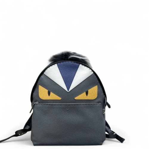 Fendi Monster Eyes Medium Backpack Grained Calfskin Calfskin Crocodile Embossed Dark Grey Yellow White