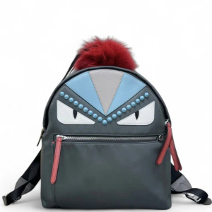 Fendi Studded Monster Eyes Medium Backpack Nylon Calfskin Grey White Blue