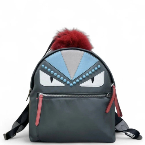 Fendi Studded Monster Eyes Medium Backpack Nylon Calfskin Grey White Blue