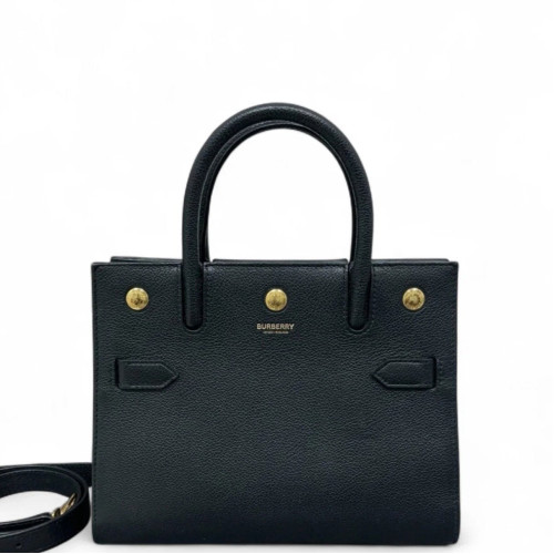 Burberry Mini Two Handle Title Tote Grained Calfskin Black