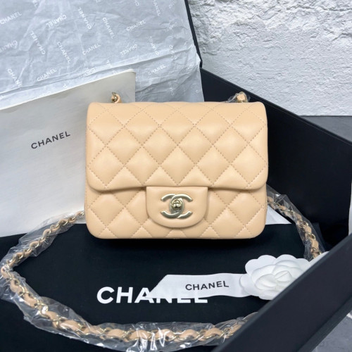 Chanel Quilted Mini Square Flap Calfskin Natural Tan