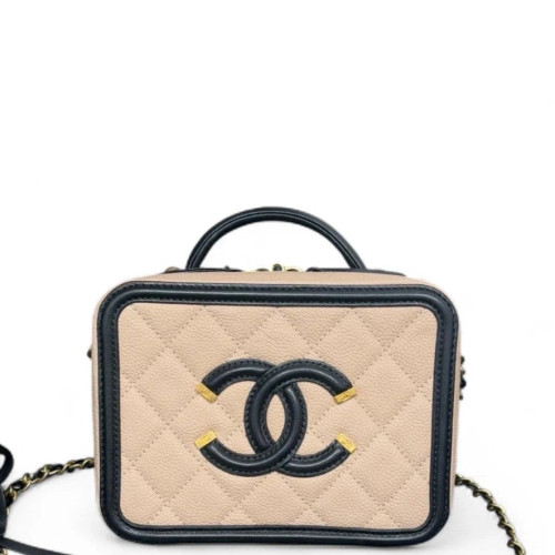 Chanel Quilted Small Vanity Case Grained Calfskin Beige Black