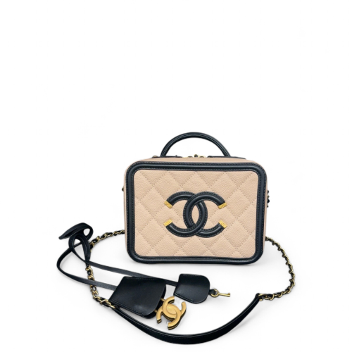 Chanel Quilted Small Vanity Case Grained Calfskin Beige Black
