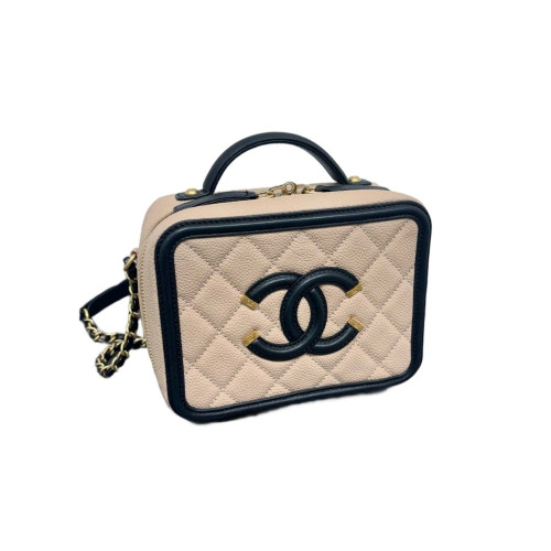 Chanel Quilted Small Vanity Case Grained Calfskin Beige Black