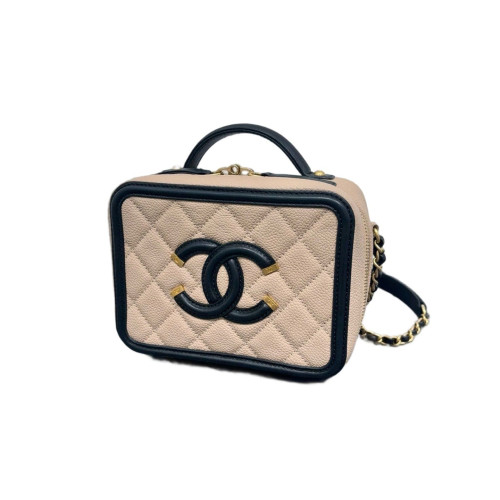 Chanel Quilted Small Vanity Case Grained Calfskin Beige Black